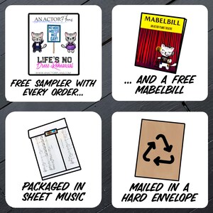 May include: A digital download of a play script for actors, "Mabelbill", with a free sampler included. The script is packaged in sheet music and mailed in a hard envelope.