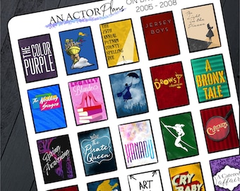 May include: A collage of Broadway show posters from 2005 to 2008. The posters feature a variety of colours and designs, including the titles "The Color Purple", "Legally Blonde", "The Wedding Singer", "Spring Awakening", "The Pirate Queen", "Xanadu", "Passing Strange", "A Tale of Two Cities", "Art", "Cry Baby", "A Catered Affair", "Jersey Boys", "The Light in the Piazza", "Drowsy Chaperone", "A Bronx Tale", and "Curtains".