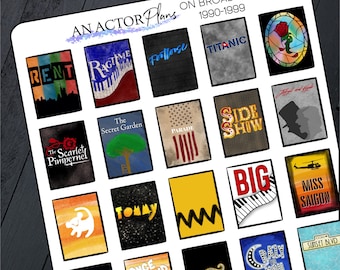 May include: A collage of 18 colorful squares featuring Broadway show titles from 1990-1999. The titles include Rent, Ragtime, Footloose, Titanic, The Scarlet Pimpernel, The Secret Garden, Parade, Side Show, Big, Miss Saigon, Tommy, Once on This Island, Kiss of the Spider Woman, and Crazy for You.