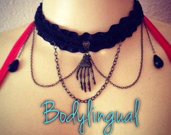 Dual Layer Black on Black Choker with Skeleton Hand Charm, Chains & Glass Beads