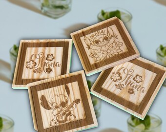 4pc Laser Engraved Wood Coaster Set
