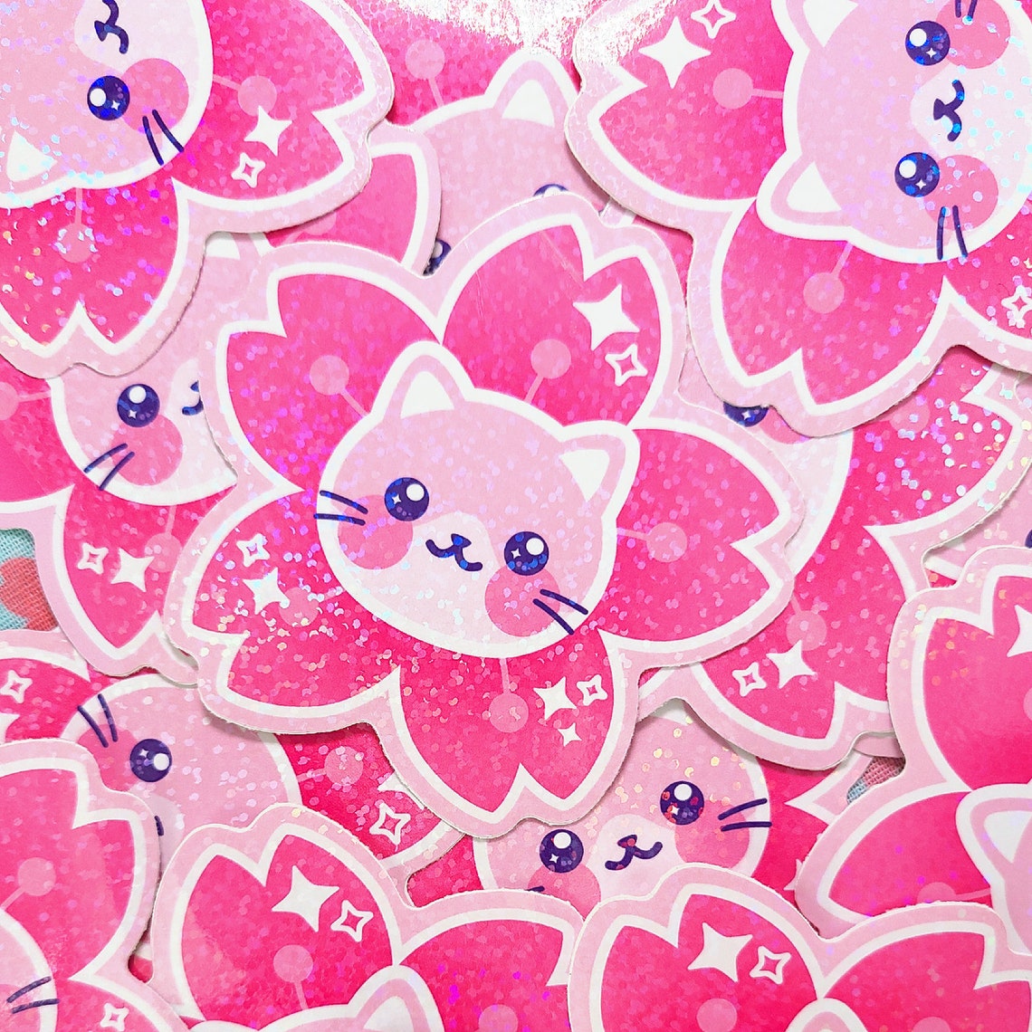 Sakura Cat Sparkle Glitter Sticker Decal Etsy