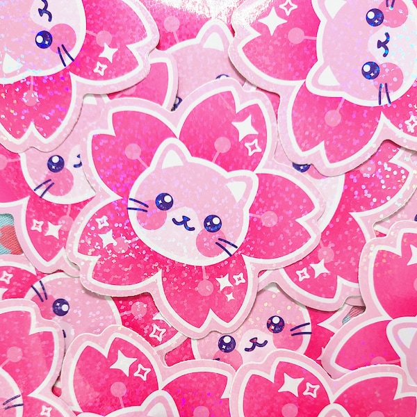 Sakura Cat Sparkle Glitter Sticker Decal