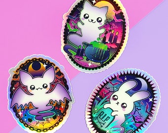 Spooky Animal Ghosts, Bat, Cat, Bunny, Holographic Glitter Vinyl Sticker Sticker Set