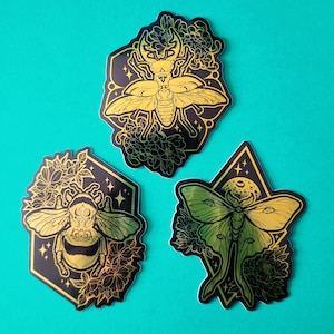 Metallic Gold Insects - Sticker Set, Bee Moth Beetle Bug Stickers