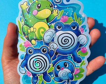 Poliwag, Poliwhirl, Poliwrath, Politoed Evolution Family BIG holographic glitter sparkle Sticker Decal