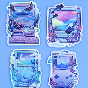 May include: Four holographic stickers featuring retro electronics in shades of blue and purple. The designs include a desktop computer with moths, a television with whale sharks and a planet, a music player with birds, and a handheld console with butterflies.