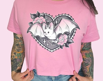 Lil Bat Women’s crop top-Cute Bat Crop Top - Pink Pastel Goth Graphic Tee, Spooky Cute Tattoo Flash Shirt