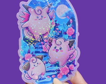 Cleffa, Clefairy, Clefable,  BIG holographic glitter sparkle Sticker Decal