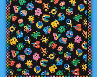 Colorful Doodle Bandana - Neon Kawaii Patterned scarf, Rainbow Icon Square Scarf, Bright Y2K Aesthetic maximalist Accessory, Checkered Wrap