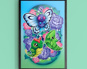 Caterpie, Metapod Butterfree Pokemon family 11" x 17" Poster
