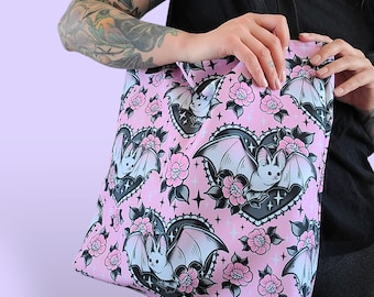 Pastel Goth Bat Canvas Tote Bag - Cute Halloween Shoulder Purse, Whimsical Rose Heart Tattoo Flash Bag, Spooky Kawaii Aesthetic Gift