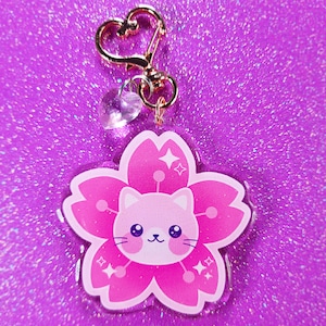 Cute Sakura Cat Glitter Acrylic Keychain