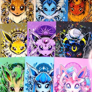 May include: Nine colorful illustrations of different Pokemon characters. Each illustration is framed in a holographic border. The Pokemon characters are: Vaporeon, Flareon, Jolteon, Espeon, Umbreon, Glaceon, Leafeon, Sylveon, and  Eevee.