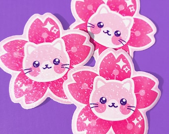 Sakura Cat Sparkle Glitter Sticker - Kawaii Cherry Blossom Vinyl Decal, Cute Anime Kitty Pink Sticker, Japanese Flower Aesthetic Gift