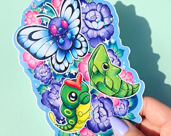 Caterpie Metapod, Butterfree family BIG holographic glitter sparkle Sticker Decal