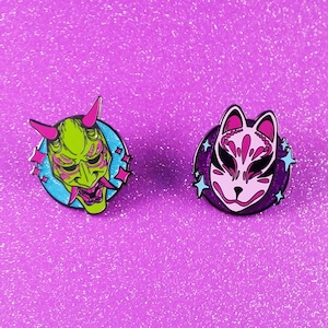 Neon Noh Mask Enamel Pins