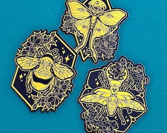 Metallic Gold Insects - Sticker Set, Bee Moth Beetle Bug Stickers