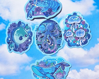 Sea Life Whale, Octopus, Whale Shark, Jellyfish, Sunfish, Sparkle Vinyl Sticker Set