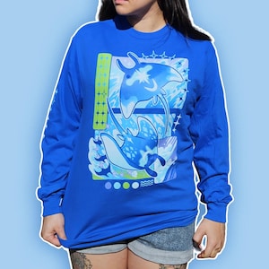 Manta Ray Graphic Long Sleeve T-Shirt - Blue Celestial Sea Life Apparel, Cyber Y2K Aesthetic Streetwear, Artist Designed Ocean Lovers Gift