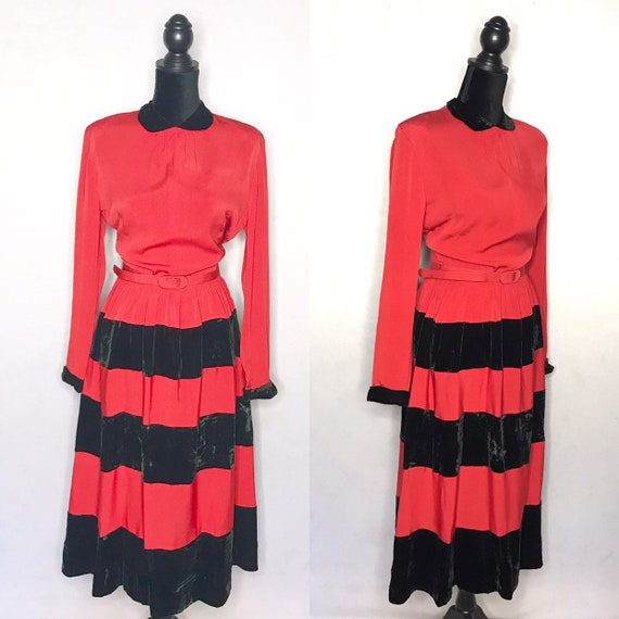 1930s dress/ vintage 1930s striped dress red/black