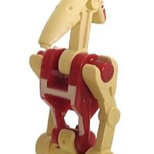 May include: A beige and red Lego minifigure of a Separatist battle droid. The droid has a long neck and a large head with a red visor. The droid's body is beige with red accents.