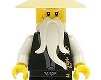 Lego MINIFIGURE Ninjago Wu Sensei - Black Kimono with Gold Symbols, Dark Bluish Gray Sash, Tan Asian Hat, White Beard