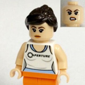 May include: A LEGO minifigure of a woman with brown hair, wearing an orange jumpsuit and a white tank top with the word "APERTURE" printed on it. She has a serious expression on her face.
