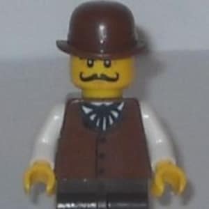 May include: A Lego minifigure with a brown bowler hat, a brown vest, and a white collared shirt. The figure has a yellow head with a black mustache and a blue bow tie. The legs are dark gray.