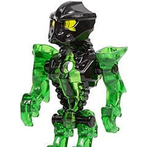 May include: A translucent green and black action figure with a robotic design. The figure has a black helmet with yellow accents, green arms, legs, and torso. The figure is standing upright.