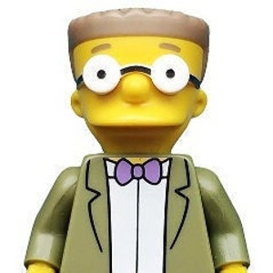 May include: A yellow Lego minifigure with brown hair, wearing a green jacket, a white shirt, a purple bow tie, and grey pants. The minifigure is wearing glasses.