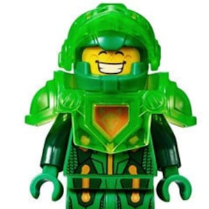 Pode incluir: Uma minifigura Lego verde vestindo um traje e um capacete futuristas verde e laranja. A minifigura tem um rosto sorridente.