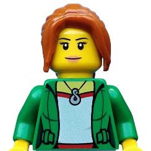 May include: A Lego minifigure with a yellow head, red hair, and a green jacket. The figure wears a white shirt with a blue design and a silver necklace. The legs are light blue, and the hands are yellow.