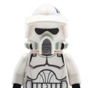 May include: A white Lego minifigure of a Star Wars clone trooper with a blue and white helmet and a black and white torso.