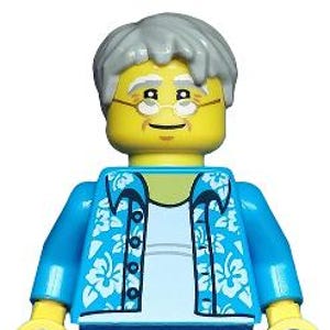Lego MINIFIGURE Grandfather Beachgoer - Gray Male Hair, Glasses and Hawaiian Shirt