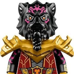 May include: A red and gold LEGO minifigure with a wolf head and a black face. The minifigure is wearing red and gold armour with a gold collar.