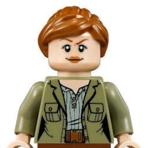 May include: A Lego minifigure of a woman with brown hair, wearing a green jacket with pockets, a light blue shirt, and brown pants.