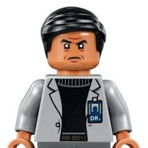 May include: A Lego minifigure of a man with black hair and an angry expression. He wears a gray lab coat over a black sweater and gray pants. A badge on his coat reads "DR."