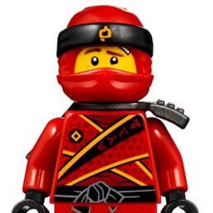 May include: Red Lego minifigure with a black headband, red mask, and a yellow and black patterned torso. The minifigure is wearing a black belt and has a red and black patterned legs.