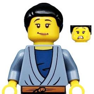 Lego MINIFIGURE Ninjago Runme, Dual Sided Female head, Lips, Lopsided Grin, Scared Open Mouth with Teeth, Sweat, and Scuff Mark