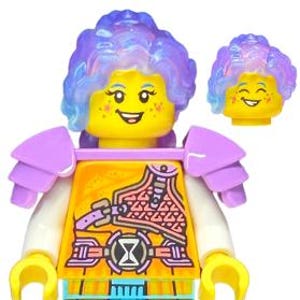 May include: A Lego minifigure with a yellow head, purple and blue hair, and a smiling expression. The figure wears a yellow and orange torso with a detailed design, light blue pants, and purple boots. Additional purple shoulder armor is present.