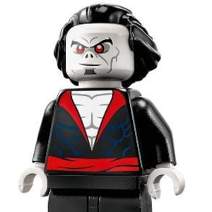 May include: A black Lego minifigure with a red and black patterned shirt and a white face with red eyes. The minifigure has black hair and a black belt.