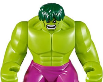 May include: A green and purple Hulk action figure. The figure has a green body, arms, and legs, with a muscular torso and a green head with dark green hair. The figure is wearing purple shorts.