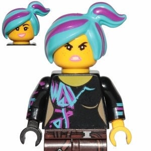 May include: A Lego minifigure with a black shirt, brown pants, and a blue and purple hairpiece. The shirt has a colorful graphic design on the front.