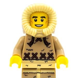 May include: A Lego minifigure wearing a brown and white hooded parka with a brown and black patterned sweater. The minifigure has a yellow face with a smile and black eyebrows.