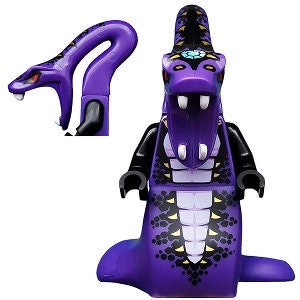 Peut inclure: Minifigure Lego de serpent violet avec des marques noires et jaunes. Le serpent a une grande bouche avec des crocs et un bijou sur la tête.