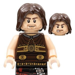 May include: A brown Lego minifigure with a brown beard and hair. The minifigure is wearing a brown vest with gold accents and a red and black sash. The minifigure has a second head with a different facial expression.