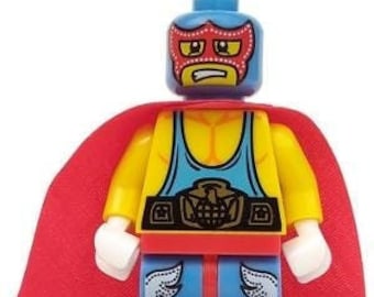 Lego MINIFIGURE Super Wrestler, Series - Torso Muscles with Medium Blue Tank Top and Belt - Head Balaclava with Eye & Mouth Holes, Red Mask
