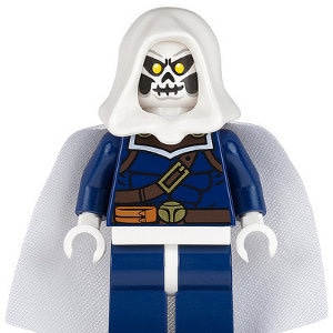 May include: A LEGO minifigure of a superhero wearing a white hooded cape and a blue suit with a skull face. The figure has a white skull face with yellow eyes and a brown belt.