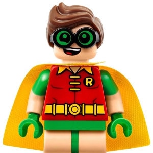 May include: A Lego minifigure of Robin, a superhero from the Batman comics. He is wearing a red and green costume with a yellow cape and a black belt with a yellow buckle. He has brown hair and a green mask with a big smile.